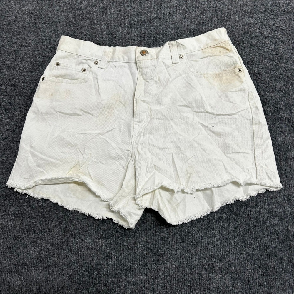 London Jean Shorts Womens Size 12 White Denim High Waisted Raw Hem Frayed Cotton